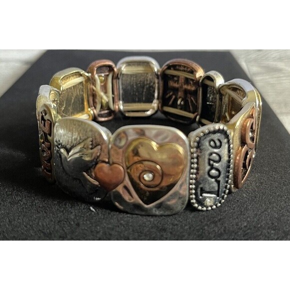 Mixed Metal Spiritual Faith Hope Love Hearts Christian Stretch Bracelet 8" - Picture 5 of 9
